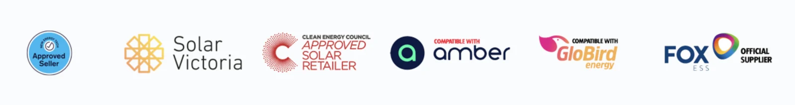 New Energy Tech Approved Seller, Solar Victoria, Clean Energy Council Approved Solar Retailer, Amber, GloBird Energy and Fox ESS accreditations