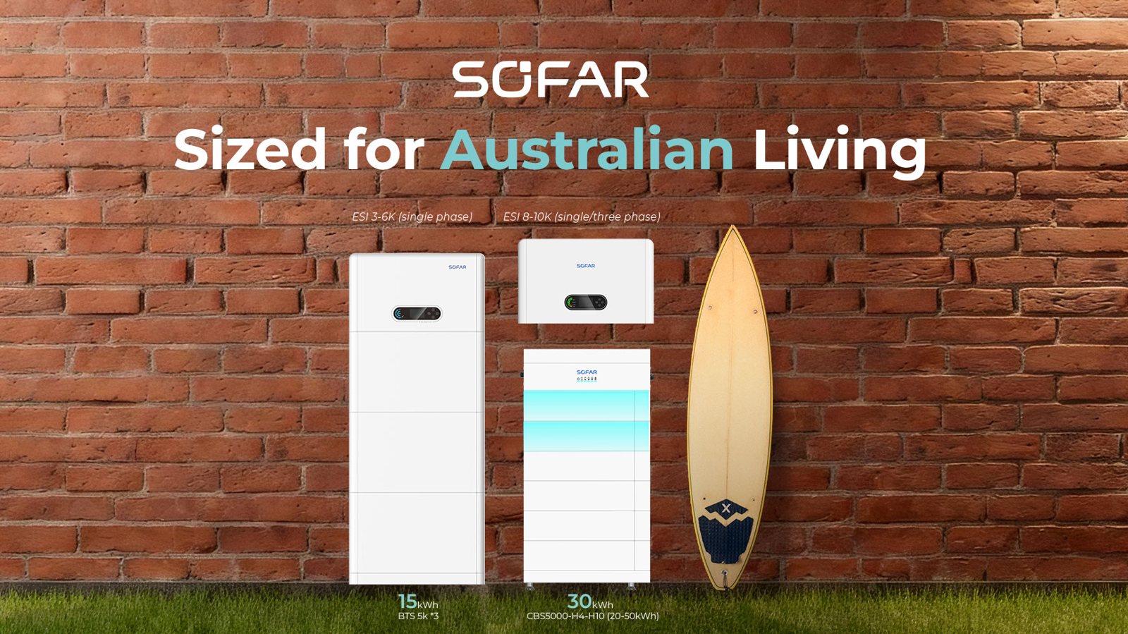 SOFAR's 2026 home battery range against a brick wall: a 15 kWh PowerAll stack beside the new ESI 8-10K inverter and 30 kWh CBS5000 battery, with a surfboard for scale