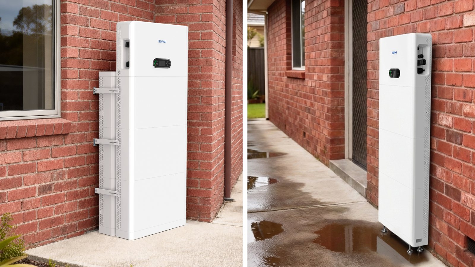 A SOFAR PowerAll on a brick wall using a front-back mounting kit, and a second PowerAll on adjustable legs in a narrow side path with puddles on the ground